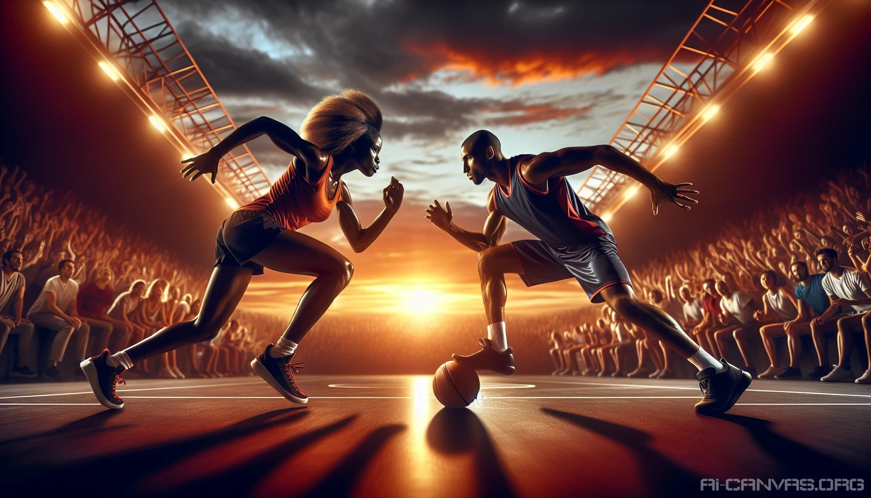 In a vibrant sports arena, two athletes stand locked in an intense showdown, their fierce expressions capturing the spirit of rivalry. Dynamic motion lines emphasize their quick movements, while a cheering crowd surrounds them, faces filled with excitement and anticipation. The sun sets in the background, casting an orange glow over the scene, representing the passion and dedication that fuels their competition.
