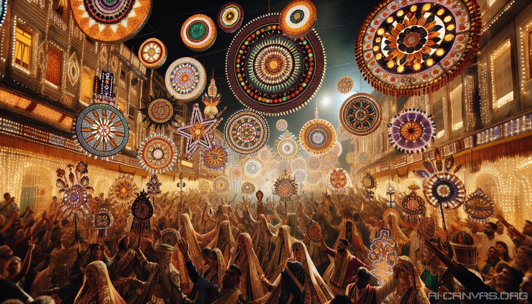 Create a mesmerizing scene that seamlessly blends the essence of various cultural festivals and rituals from around the world. Picture colorful floats adorned with flowers, dancers in traditional attire, and vibrant decorations lighting up the night sky. Capture the joyous atmosphere filled with music, laughter, and the rich traditions of each celebration, creating a tapestry of shared humanity and diverse heritage.
