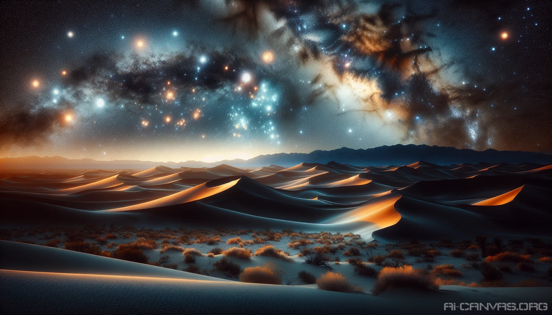 Envision a vast desert landscape under a mesmerizing blanket of stars, where the sky bursts with galaxies and twinkling constellations. Silhouettes of majestic sand dunes rise against the horizon, while a gentle breeze stirs the grains of shimmering gold. An ethereal glow illuminates scattered cacti and sparse flora, creating a magical contrast with the dark, expansive night. This scene captures a serene and breathtaking moment amidst the cosmic wonders above.