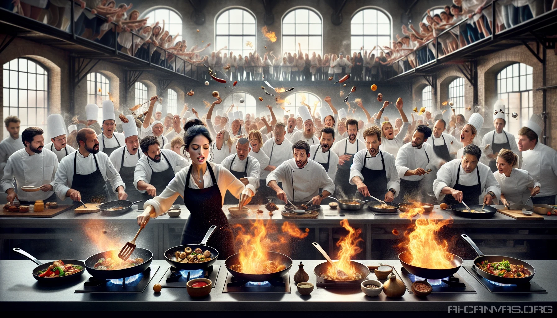 In a bustling kitchen alive with energy, chefs battle it out amidst the aroma of sizzling ingredients and vibrant colors. Flames leap from skillets, while the clatter of utensils punctuates the air. Spectators are on the edge of their seats, cheering as plates are artfully crafted. Each chef's determination radiates, their focus unwavering, as they push culinary boundaries to create the ultimate dish.