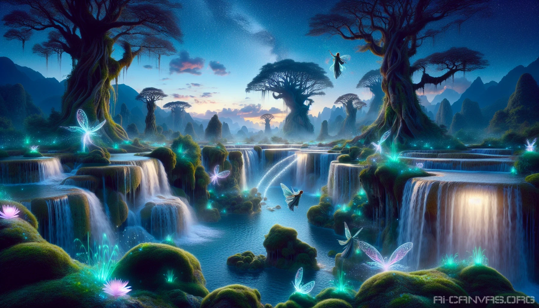 Imagine a mystical scene where cascading waterfalls tumble gracefully over ancient, moss-covered rocks, surrounded by vibrant, luminescent flora that glows softly in the twilight. Delicate fairies dance lightly in the air, trailing sparkling pixie dust. In the background, towering trees with gnarled branches stretch towards the starry sky, while a gentle mist rises from the pools below, creating an ethereal atmosphere of wonder and magic.