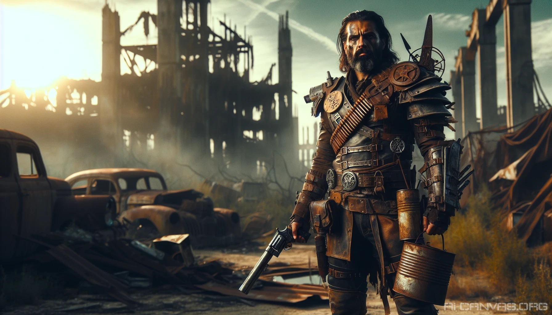 In a desolate landscape scarred by chaos and neglect, a battle-hardened warrior stands defiantly. Clad in tattered leather armor adorned with makeshift spikes, they grip an assortment of improvised weapons—a rusted pipe, a sharpened piece of scrap metal, and a tattered banner signaling their allegiance. The sun sets in the background, casting an eerie glow, while remnants of civilization lie scattered around, hinting at a world lost to time.