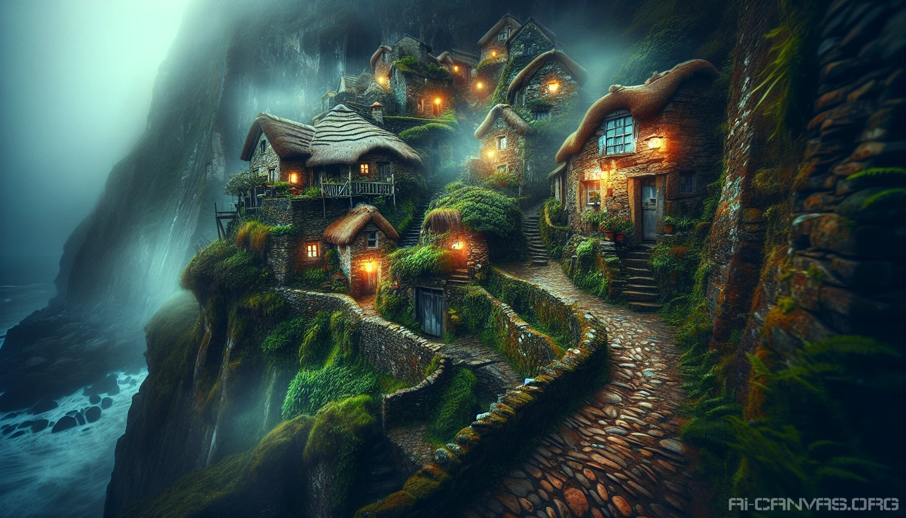 Immerse yourself in a captivating scene of a quaint village perched on a rugged cliff, enveloped in ethereal fog. Weathered stone cottages with thatched roofs peek through the mist, while narrow cobblestone paths wind between them. Lush greenery clings to the cliff edges, and the distant sound of waves crashing below adds to the enchanting atmosphere. Glowing lanterns flicker warmly, inviting you to explore this hidden gem shrouded in mystery.