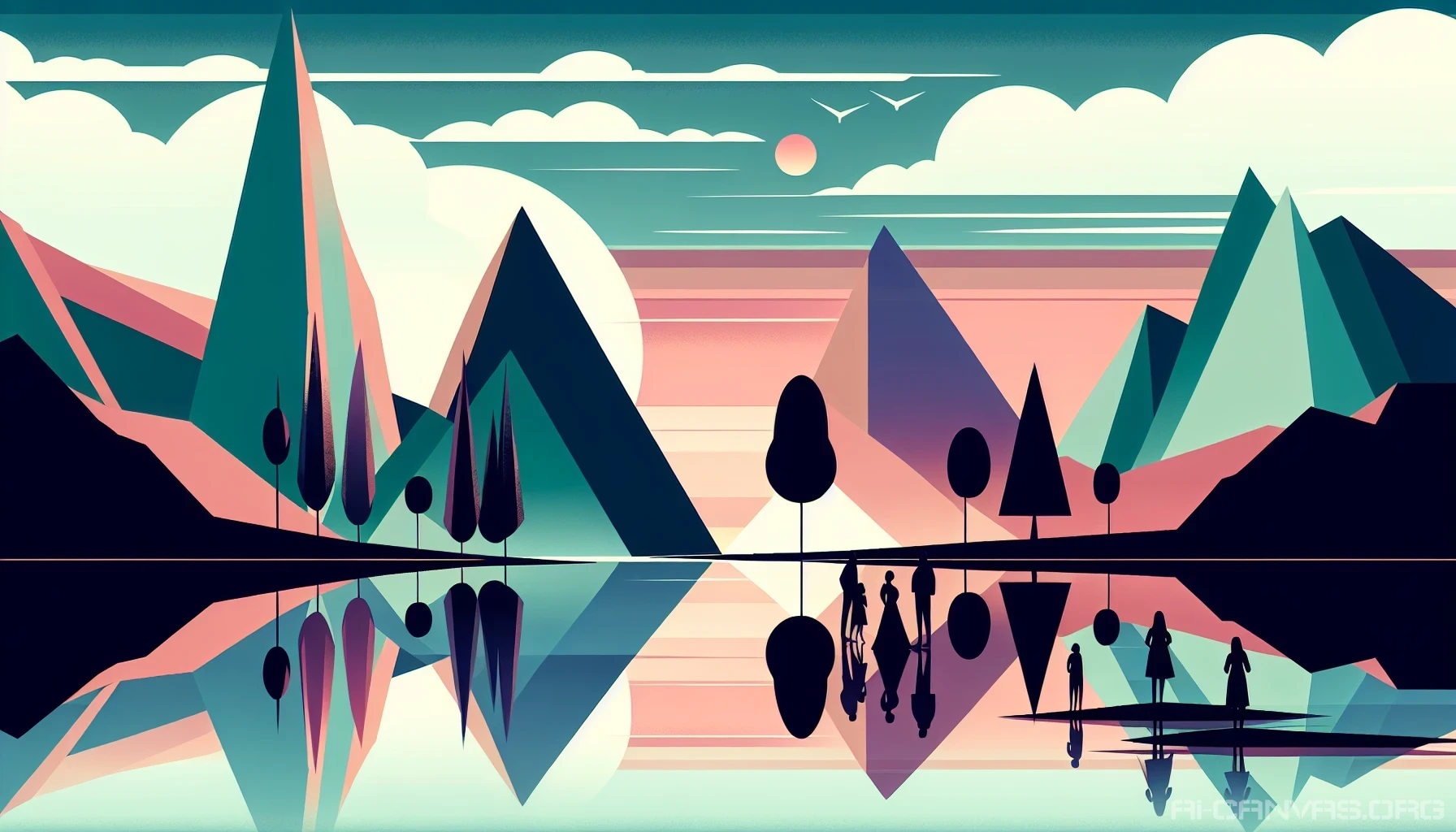 Visualize a serene and vibrant landscape melding minimalist anime aesthetics with flat colors and clean lines. Picture soaring mountains rendered with bold, geometric shapes, and a tranquil lake reflecting a softly colored sky at sunset. Characters dressed in sleek, simple outfits enjoy this peaceful environment, surrounded by stylized trees and whimsical clouds that dance around them, creating a captivating, dreamlike atmosphere that invites exploration.