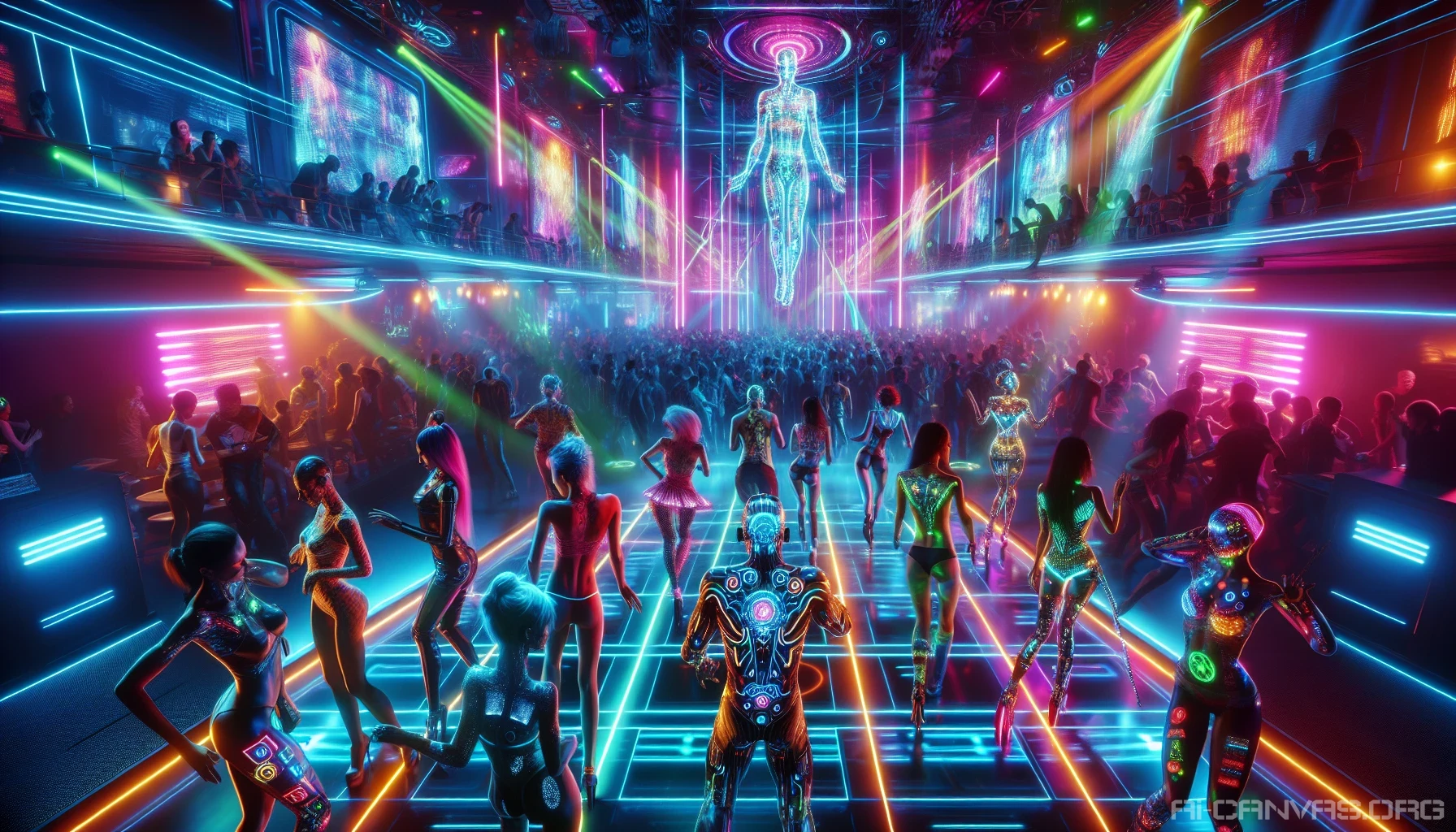 Immerse yourself in a vibrant cyberpunk nightclub bursting with energy. Picture a pulsating dance floor where colorful lights flash in sync with the electrifying beats, creating a kaleidoscope of neon hues. Crowds of eclectic partygoers dance, adorned in futuristic attire, while holographic displays flicker above. The atmosphere is alive with excitement and the scent of exhilaration, drawing you into a world where technology and nightlife collide.