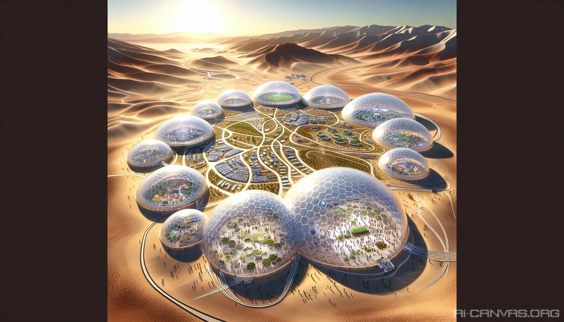 Imagine a sprawling futuristic dome city rising majestically from the arid desert landscape. Glimmering glass structures reflect the brilliant sun, while lush greenery within the domes defies the surrounding sandy expanse. A vibrant marketplace bustles with life, showcasing advanced technology and sustainable living. Solar panels glisten atop the domes, and winding pathways connect the communities, blending innovation with nature in an oasis of hope and progress.