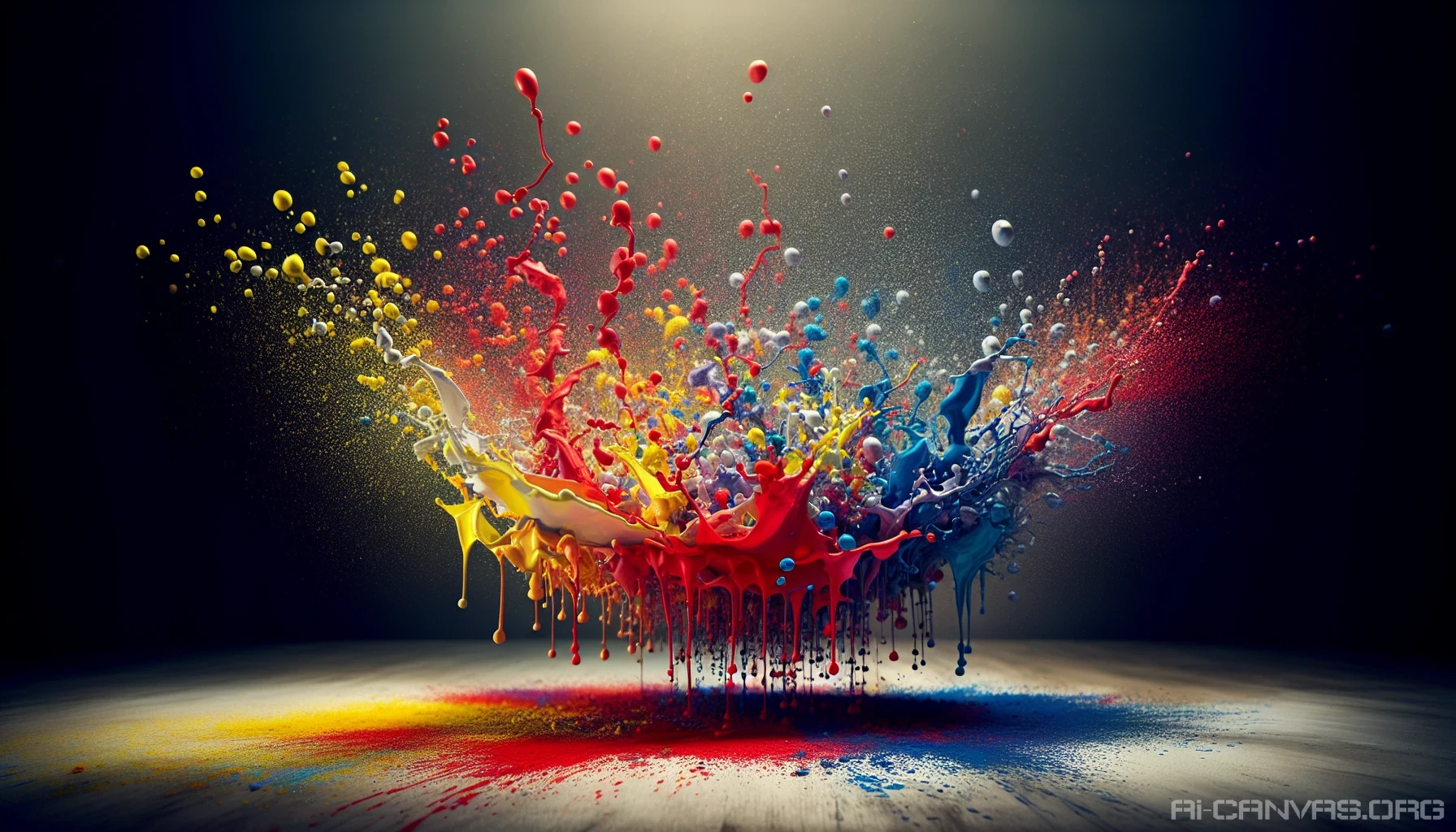 Envision a dynamic scene where vibrant splashes of paint are suspended in mid-air, each droplet frozen in time, creating a kaleidoscope of colors. Picture a dramatic array of reds, blues, yellows, and greens intermingling, as if caught in an exhilarating dance. The background is a soft, blurred canvas that enhances the vividness of the paint, inviting viewers to feel the energy and spontaneity of this artistic explosion.