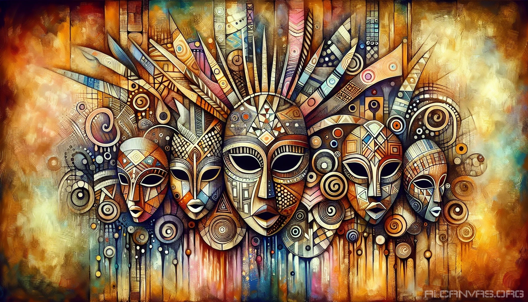 Immerse yourself in a vibrant tapestry, where the rich textures and bold patterns of tribal African art come alive. This image captures the essence of tradition and culture, featuring intricately painted masks, geometric shapes, and symbolic motifs that tell stories of ancestry. Lush colors dance across the canvas, evoking a sense of rhythm and celebration, transporting viewers to the heart of African heritage.