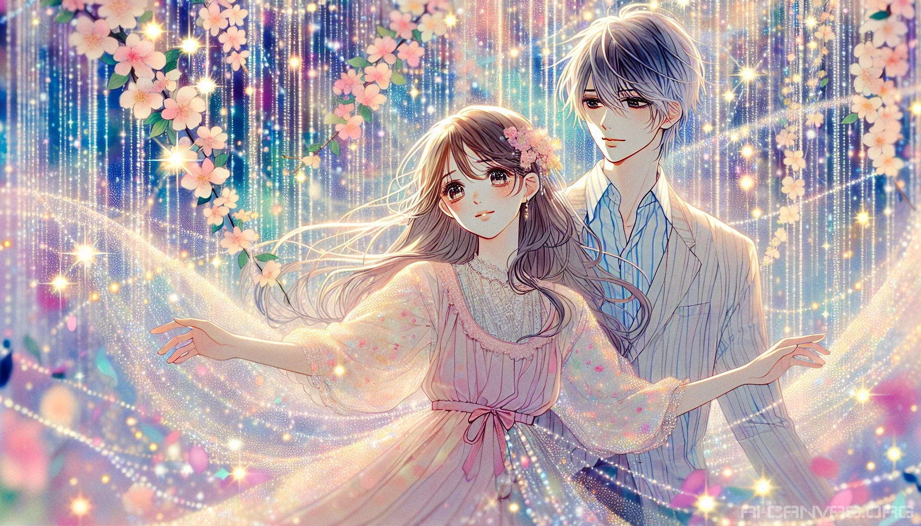 Capture the enchanting essence of a shoujo romance scene, where two starry-eyed lovers stand beneath a cascade of twinkling, iridescent sparkles. The background glows with soft pastel colors, while delicate cherry blossoms swirl in the gentle breeze. Their eyes, filled with dreams and hopes, reflect the magic around them, creating a whimsical atmosphere that radiates warmth and youthful affection, inviting viewers into their enchanting world.