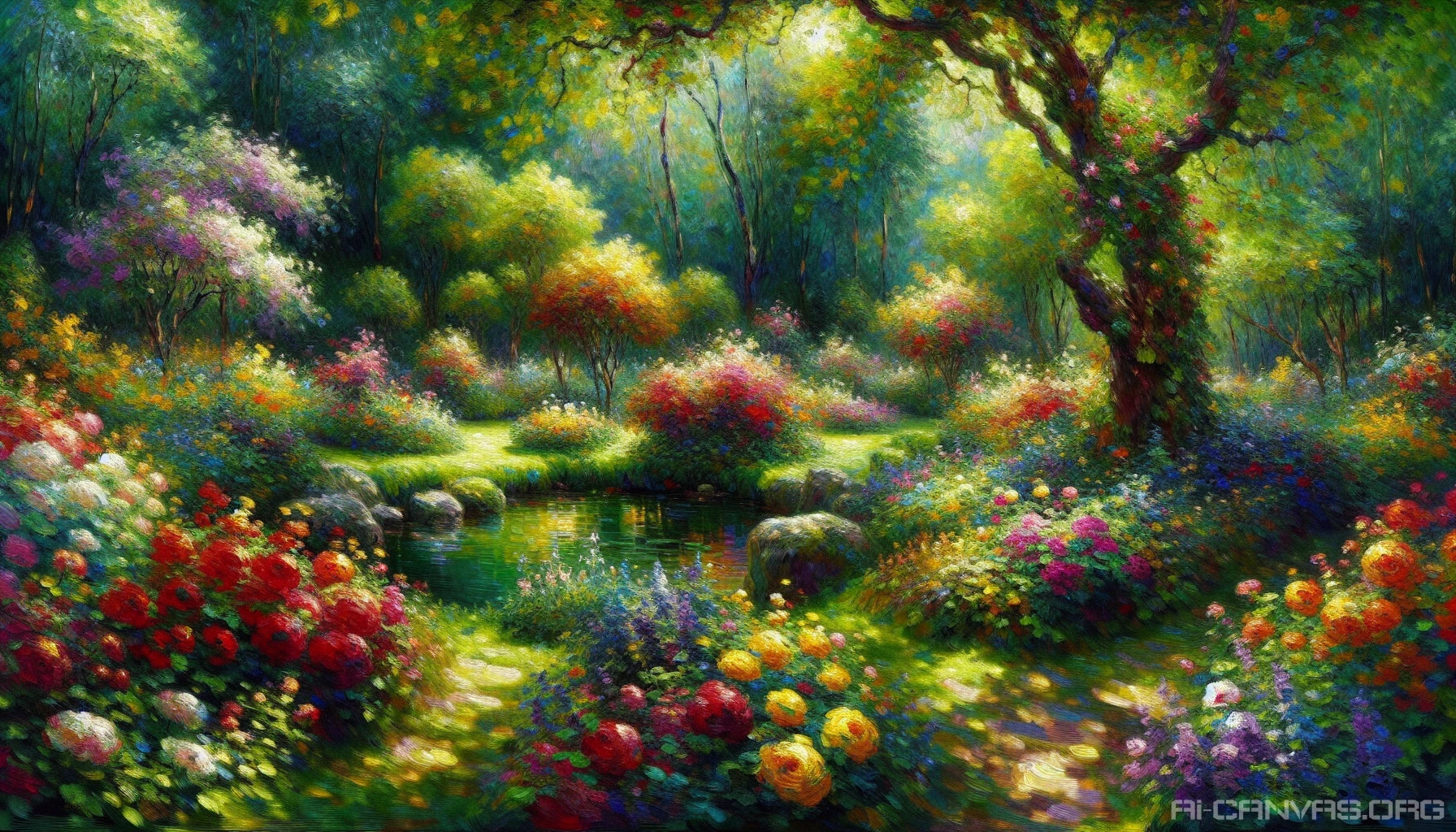 Imagine a lush garden alive with swirling colors and dynamic brushstrokes, echoing the Post-Impressionist style. The scene showcases blossoming flowers in vibrant hues of red, yellow, and violet, surrounded by verdant greenery. Dappled sunlight filters through the leaves, casting playful shadows on the ground. A tranquil pond reflects the lively colors and forms, inviting viewers to lose themselves in this enchanting, dreamlike world of nature's beauty.
