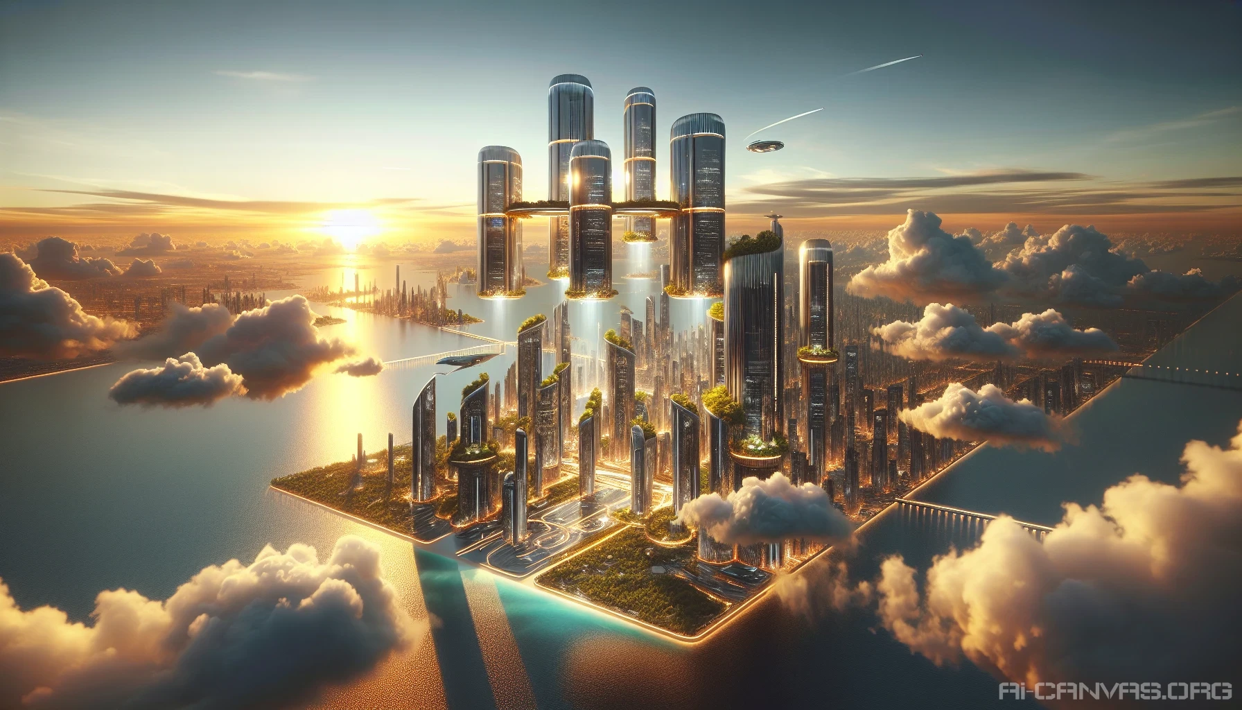 Imagine a breathtaking futuristic city suspended in the sky, its elegant structures shimmering under the glow of a vibrant sunset. Below, the ocean sparkles like a sea of jewels, reflecting hues of blue and gold. Soft clouds drift lazily around the city's towers, adorned with lush greenery and innovative architecture. The scene captures a serene yet magical atmosphere, inviting all to dream of adventure in this ethereal world.