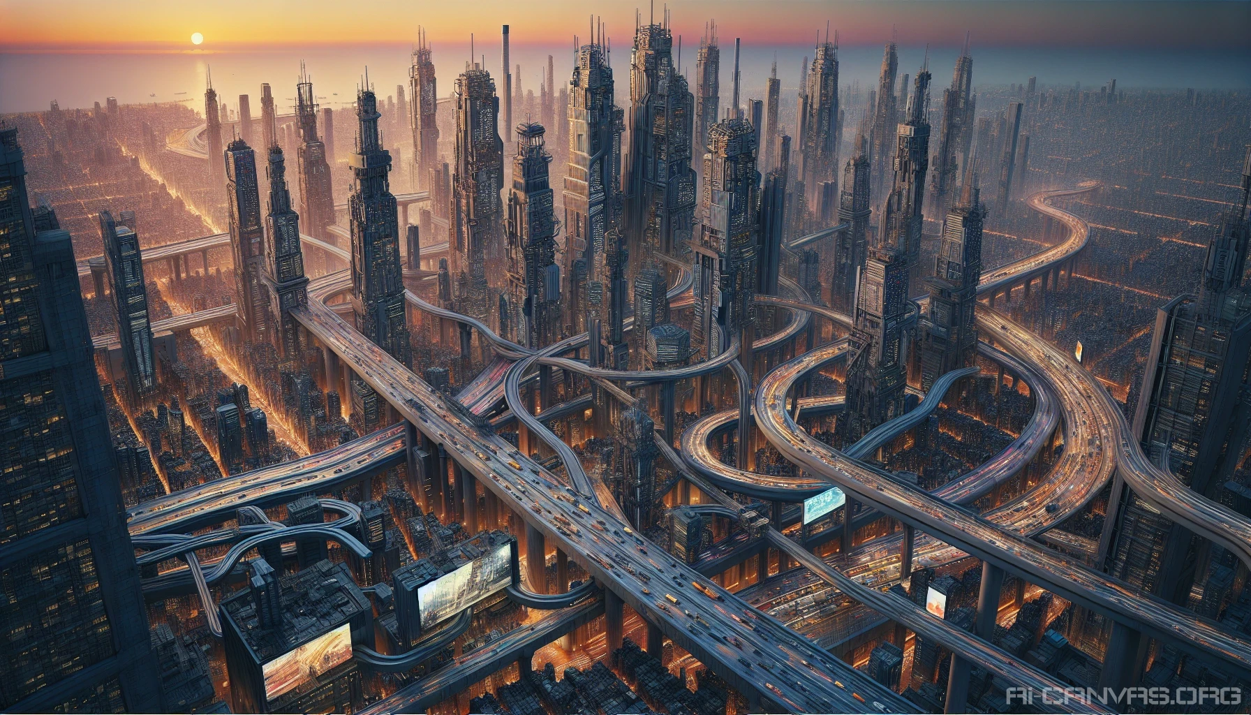 Picture a sprawling megacity, where towering skyscrapers stretch toward the skyline, intertwining with multilayered highways that twist and turn like arteries. Beneath the concrete jungle, vibrant industrial zones hum with life, their smokestacks puffing clouds against the sunset. Neon lights flicker to life, illuminating bustling streets filled with a diverse crowd. This is a world where technology and grit embrace, creating a mesmerizing urban tapestry.