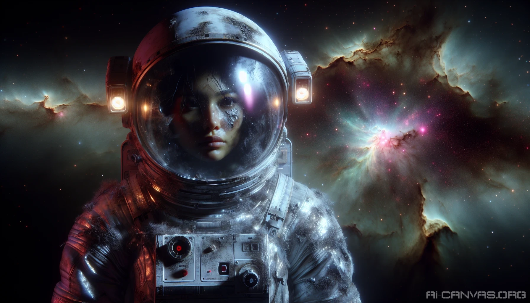 A lone space explorer drifts through the vastness of star-studded space, their damaged spacesuit reflecting the haunting beauty of distant galaxies. Rips and burns mar the suit, hinting at past adventures and perilous encounters. A flickering life support indicator casts an eerie glow, illuminating the determined expression of the explorer, who gazes at a nearby nebula bursting with vibrant colors, embodying hope amidst desolation.