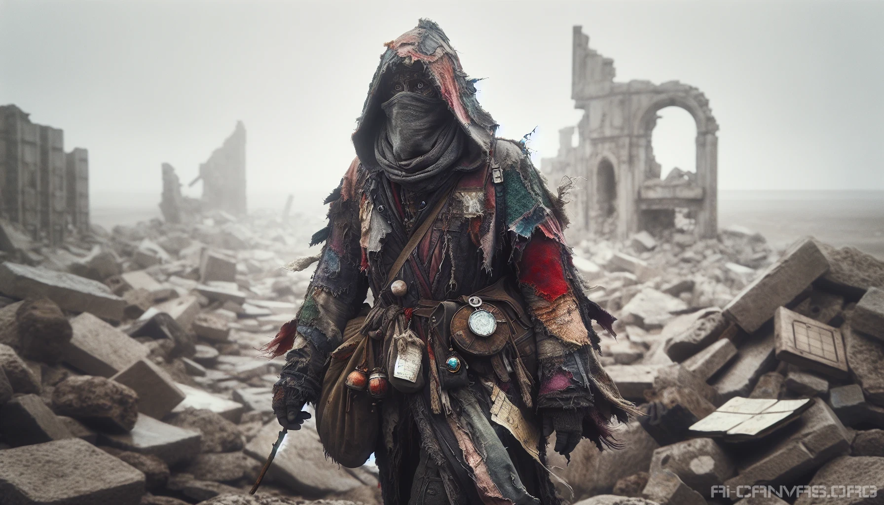 In a desolate landscape, a solitary figure clad in a tattered, multi-colored patched cloak roams among crumbling ruins. The cloak flutters gently in the wind, revealing glimpses of scavenged treasures: shiny trinkets and weathered maps tucked inside. The scavenger's face, partially obscured by a hood, bears the marks of countless journeys, and their keen eyes gleam with curiosity and resilience as they explore this forgotten world.