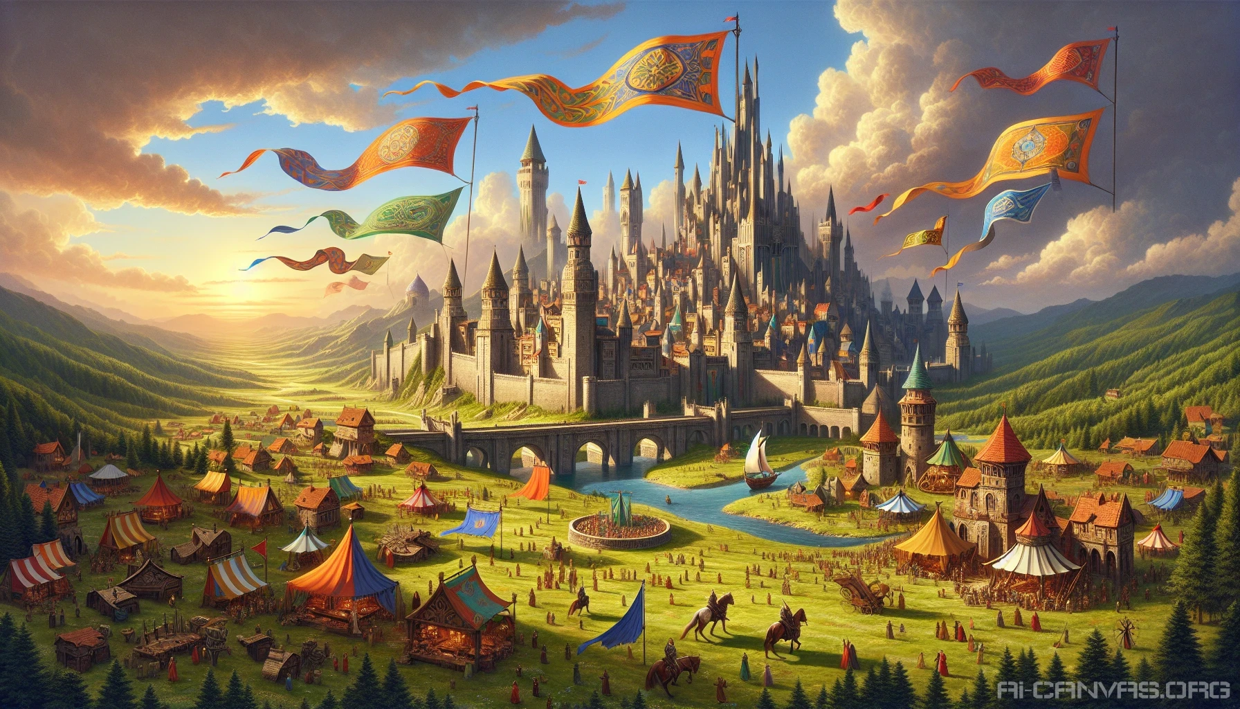 Envision a sprawling medieval kingdom, its majestic castles adorned with intricate stone carvings and vibrant tapestries fluttering in the breeze. Lush green fields stretch out, dotted with quaint villages and wandering knights. Artisans craft wares in bustling marketplaces, while colorful banners wave above. A golden sunset bathes the landscape in a warm glow, casting long shadows and evoking a sense of adventure and timeless charm.
