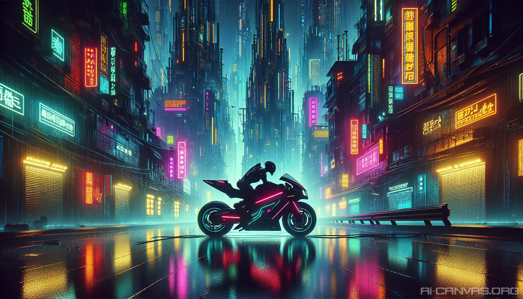 A futuristic cityscape emerges, drenched in rain and illuminated by vibrant neon lights. Dark industrial towers loom overhead, their surfaces adorned with vivid graffiti, creating a striking contrast against the shadows. In the foreground, a sleek motorcycle speeds through the glistening streets, its neon glow blending seamlessly with the kaleidoscope of colors reflected on the wet pavement. The atmosphere is electric, pulsing with the energy of a cybernetic world.