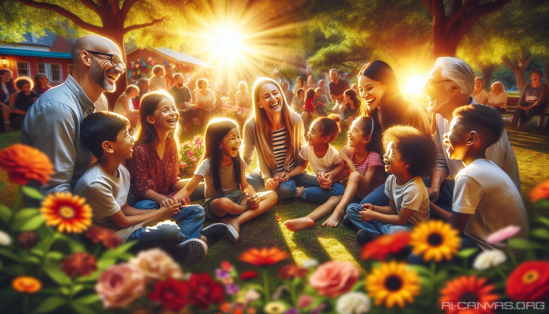 Capture a heartwarming scene depicting a diverse family gathered in a sunlit park, radiating joy and connection. Parents and children, representing various backgrounds, share laughter while engaging in playful activities. Vibrant flowers bloom around them, symbolizing growth and unity. The atmosphere is filled with warmth, as golden sunlight filters through the trees, highlighting their genuine smiles and the unbreakable bonds of love that intertwine them.