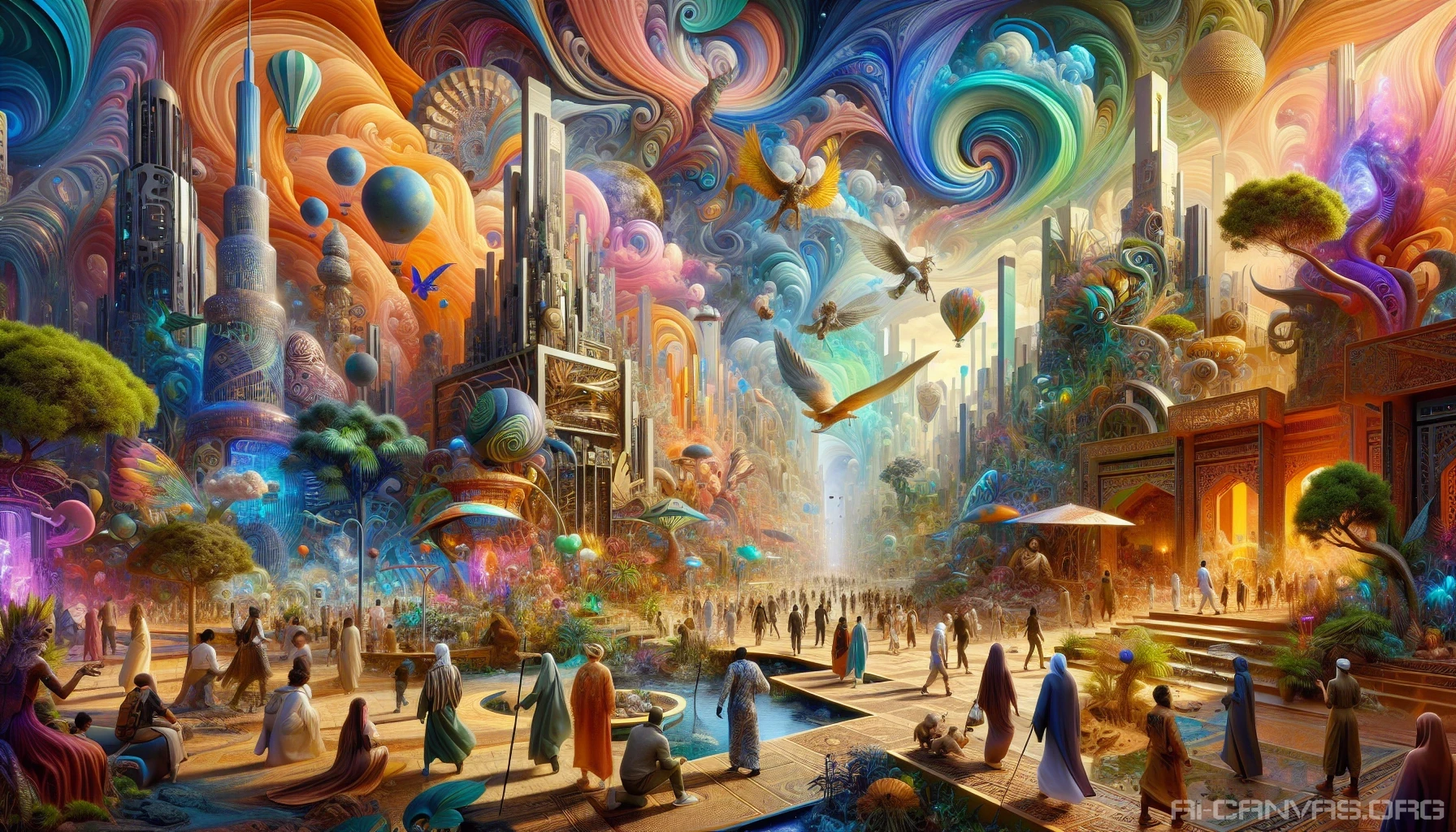 Immerse yourself in a vibrant world where imaginative landscapes come alive with swirling colors and intricate details. Picture a bustling city that melds futuristic architecture with ancient ruins, all under a sky filled with fantastical creatures. Each corner teems with life, showcasing eclectic characters and exotic plants, inviting the viewer to explore this enchanting realm where creativity knows no bounds.