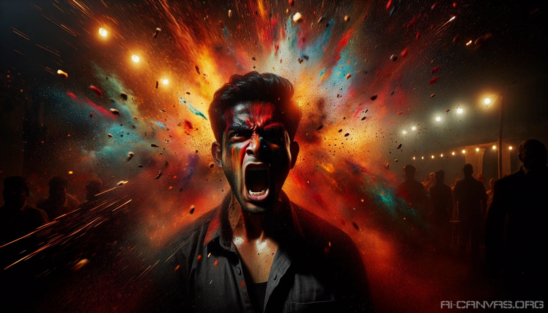 A tempestuous scene captures the essence of raw emotion as a figure erupts in a powerful outburst. Dramatic lighting slices through the darkened atmosphere, casting fierce shadows and illuminating the intensity of the moment. The colors swirl in a chaotic dance, embodying both anger and passion. Flashes of red and orange highlight the contours of the face, conveying the tumult within and drawing the viewer into this captivating display of human expression.