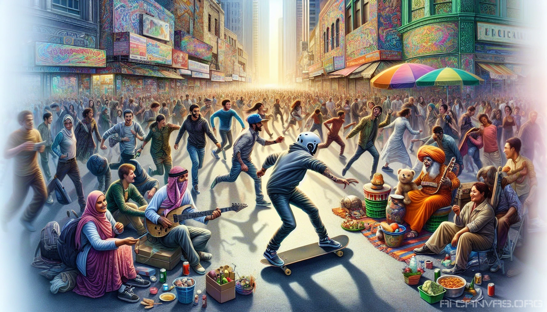 Capture the essence of vibrant street life, where the hustle of crowds and vibrant graffiti merge into a dynamic tapestry. Imagine bustling markets, colorful murals, and individuals of diverse cultures engaging in daily rituals. The scene is alive with movement—skateboarders zooming past, street performers captivating audiences, and vendors calling out. This bustling urban landscape reflects resilience, creativity, and the heartbeat of the city.