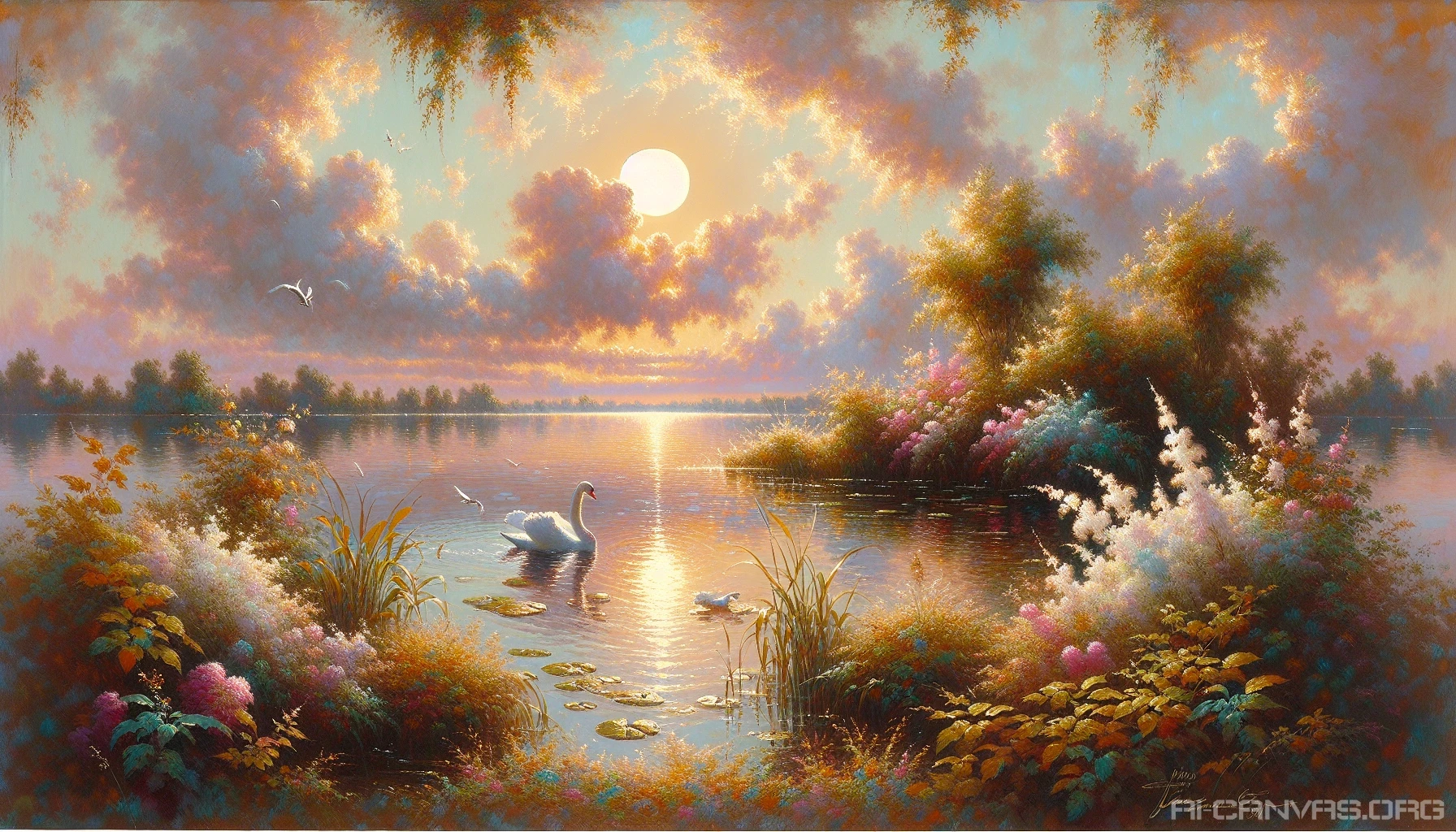 Capture a tranquil lakeside scene drenched in the soft, dappled light of a late afternoon sun. Lush greenery frames the water, while delicate ripples reflect hues of orange, pink, and gold. Wispy clouds drift lazily above, and a solitary swan glides gracefully across the surface. The brush strokes evoke a sense of calm and fleeting beauty, inviting the viewer to lose themselves in the moment.