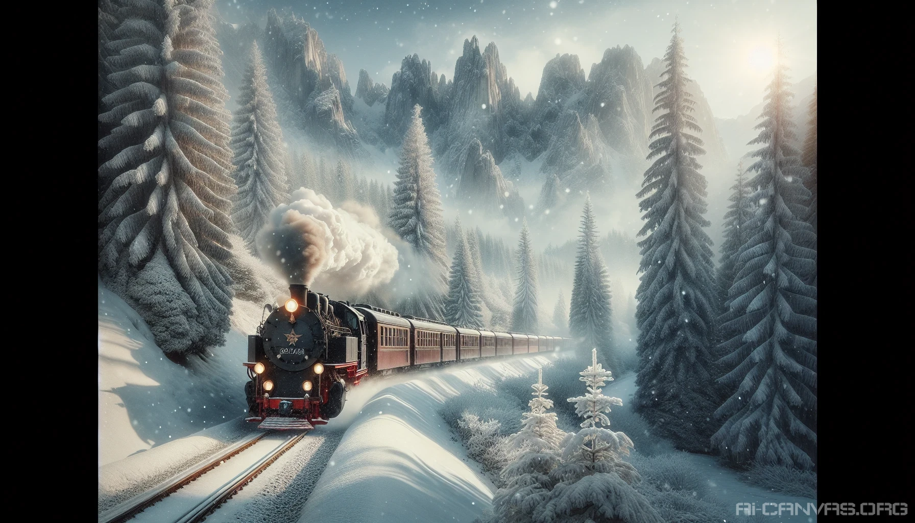 A majestic steam train chugs along a winding track, enveloped in a thick blanket of snow, surrounded by towering evergreens dusted with frost. Snowflakes dance in the crisp air as the train's bright red and gold carriages stand out against the serene white landscape. In the distance, jagged mountains loom, their peaks glistening under the soft glow of a pale winter sun, evoking a sense of adventure and tranquility.