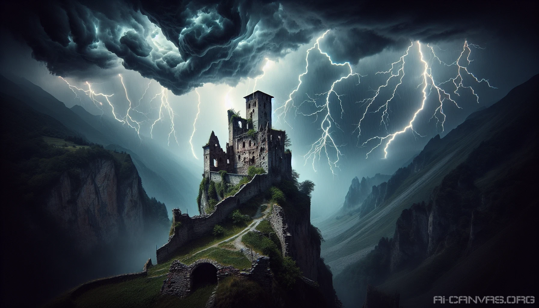 A dramatic scene unfolds as a crumbling castle perches atop a jagged cliff, illuminated by flashes of lightning in a turbulent night sky. The storm rages, with dark clouds swirling ominously, and heavy rain cascading down the weathered stone walls. Each bolt of lightning reveals the castle's once-majestic towers, now draped in creeping vines and moss, evoking a haunting beauty amid nature’s fury.