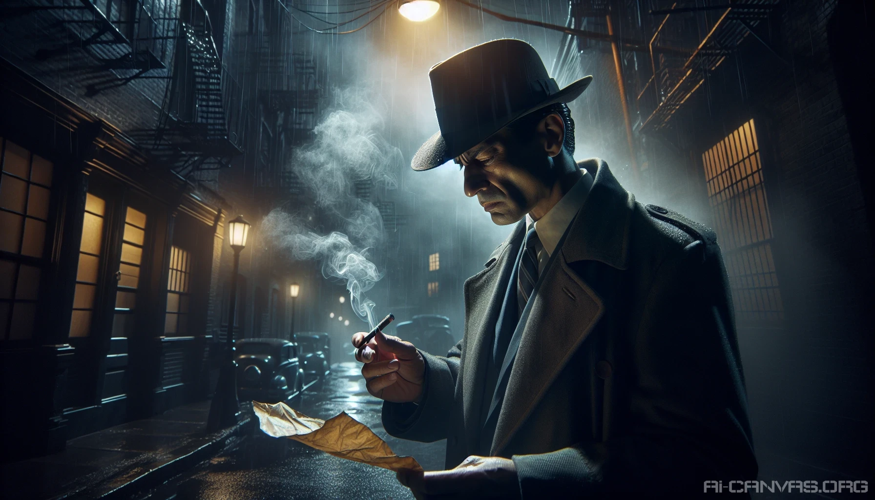 In a dimly lit, rain-soaked alley of a 1940s city, a brooding detective stands under a flickering streetlamp, his fedora casting shadows across his face. Smoke curls from his cigarette as he studies a crumpled note in his hand. The air is thick with mystery, and the distant sound of a saxophone weaves through the night, setting the perfect ambiance for an unsolved crime.