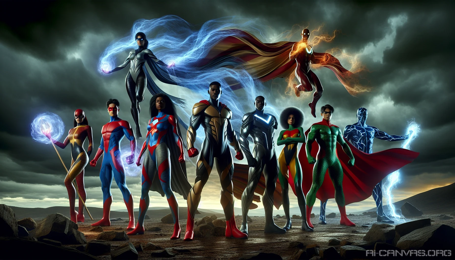 A diverse group of superheroes stands united on a rocky terrain, their fierce expressions reflecting determination. Each character showcases unique powers and vibrant costumes, with flowing capes and intricate armor. The background hints at a looming threat, with dark clouds swirling ominously, casting shadows over the heroes. Lightning crackles in the distance, illuminating their battle-ready poses as they prepare to confront the impending danger together.