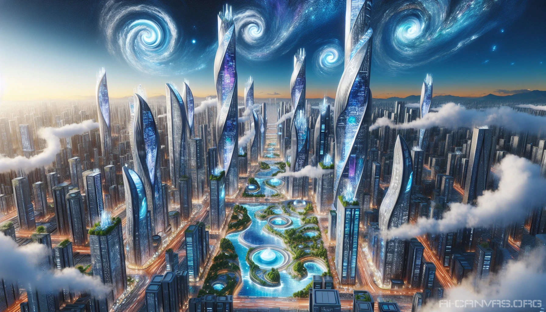 Envision a vibrant metropolis where cascading water spirals through towering skyscrapers adorned with intricate whirlpool patterns. Streets pulse with energy as colorful lights reflect off glistening surfaces. Lush parks intersperse the urban landscape, featuring sculptures that mimic the fluid motion of water. Above, a cerulean sky swirls with dynamic clouds, echoing the city's namesake. This spectacular fusion of nature and architecture creates an enchanting, futuristic oasis.