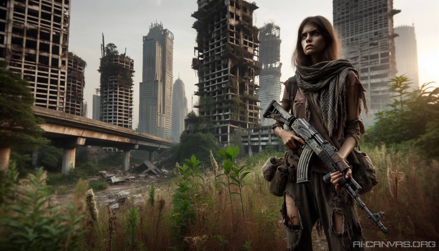 In a post-apocalyptic landscape, a lone survivor stands defiant against the backdrop of crumbling skyscrapers and overgrown vegetation. Clad in tattered clothes that tell stories of hardships endured, they grip a weathered rifle, their eyes scanning the horizon with unwavering determination. The remnants of a once-thriving city loom behind them, casting shadows that highlight the resilience and strength of the human spirit amidst desolation.