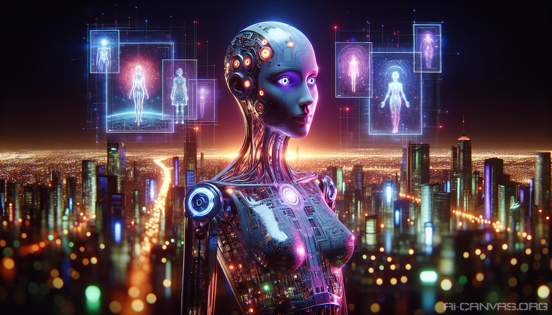 Imagine a stunning android gracefully blending elements of humanity and technology. This vibrant figure stands amidst a futuristic city, adorned with intricate circuits that glimmer under neon lights. Its expressive eyes reflect a spectrum of emotions, while subtle human-like gestures invite connection. Surrounding the android, dynamic holographic displays showcase memories and dreams, creating a captivating tableau that explores the harmony between artificial intelligence and human experience.