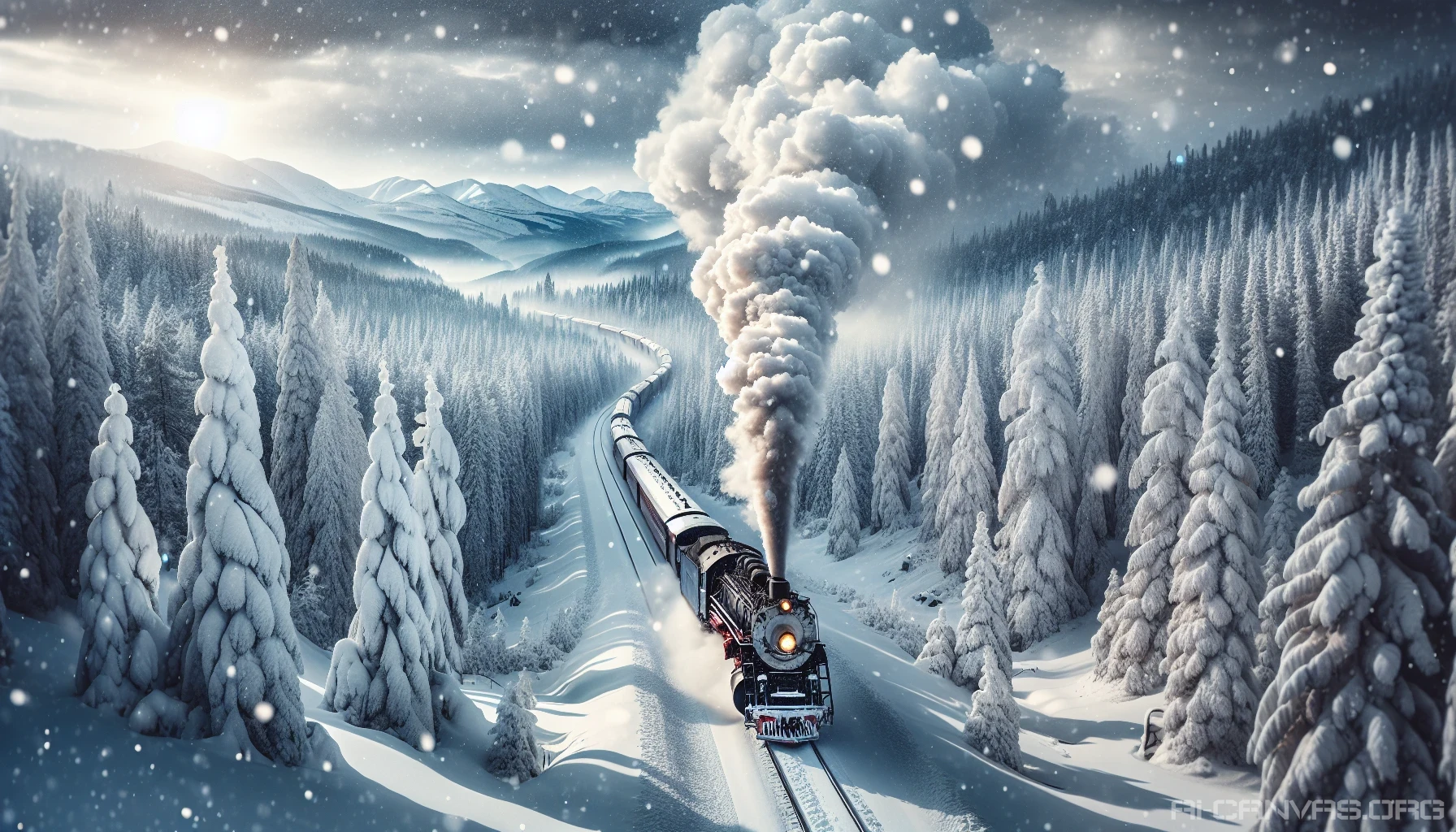 A majestic steam train winds its way through a breathtaking snowy wilderness, its billowing smoke contrasting against the white landscape. Tall pine trees, heavy with snow, line the track, while distant mountains loom under a soft, gray sky. Innumerable snowflakes dance in the air, adding a magical touch to the tranquil scene. This image captures the essence of adventure and the serene beauty of winter's embrace.