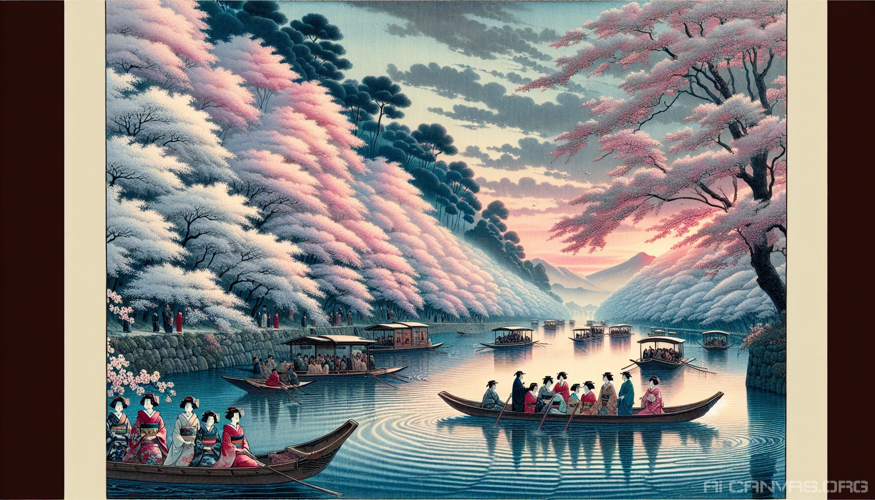 Capture the essence of a serene Japanese landscape through the Ukiyo-e style, featuring a tranquil flowing river surrounded by cherry blossom trees in full bloom. Soft ripples reflect the delicate hues of a sunset sky, while traditional wooden boats gently glide on the water's surface. Inhabitants dressed in kimono peacefully engage with nature, embodying a harmonious blend of art and life in this timeless scene.