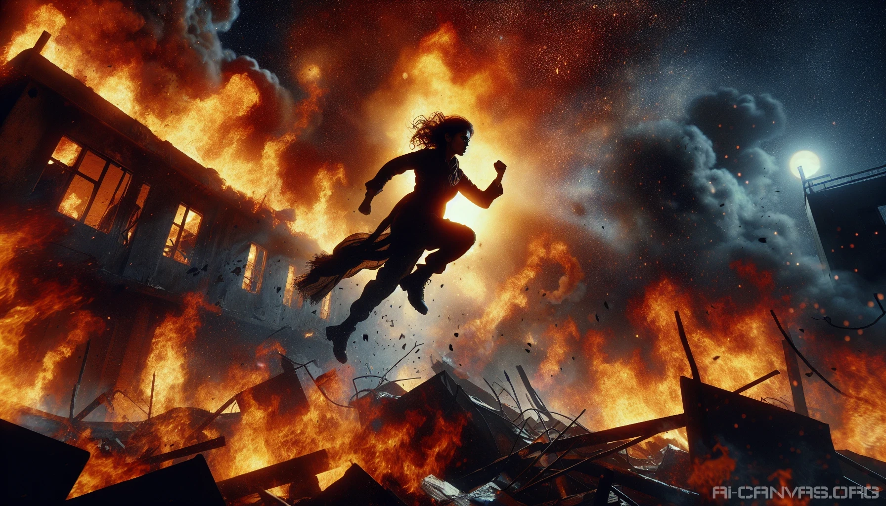 Capture the exhilarating moment of a heroic figure dramatically leaping from a blazing building, silhouetted against the fiery backdrop. The flames flicker wildly, casting an orange glow that accentuates the determination on the character's face. Debris falls around them, and the night sky looms above, filled with swirling smoke. This dynamic scene embodies bravery, resilience, and the fight against overwhelming odds.