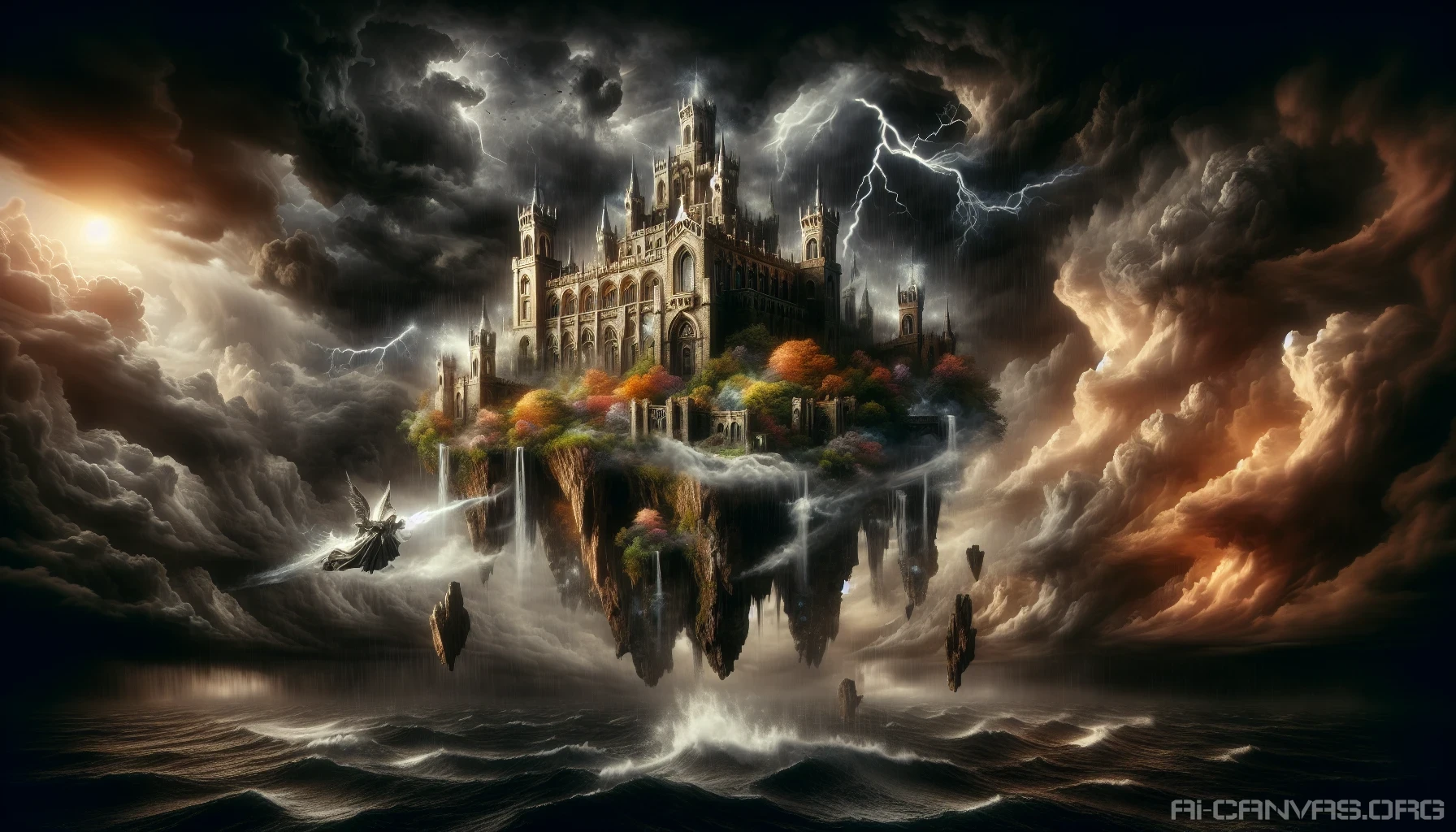 A majestic floating castle hovers dramatically amidst a turbulent storm, its ancient stone walls glistening with rain. Dark clouds swirl ferociously around it, illuminated by flashes of lightning that reveal ornate towers and lush, vibrant gardens. The winds howl, sending tendrils of mist spiraling downwards, while below, the churning sea crashes against jagged rocks. This ethereal scene evokes a sense of both peril and beauty, captivating the viewer's imagination.