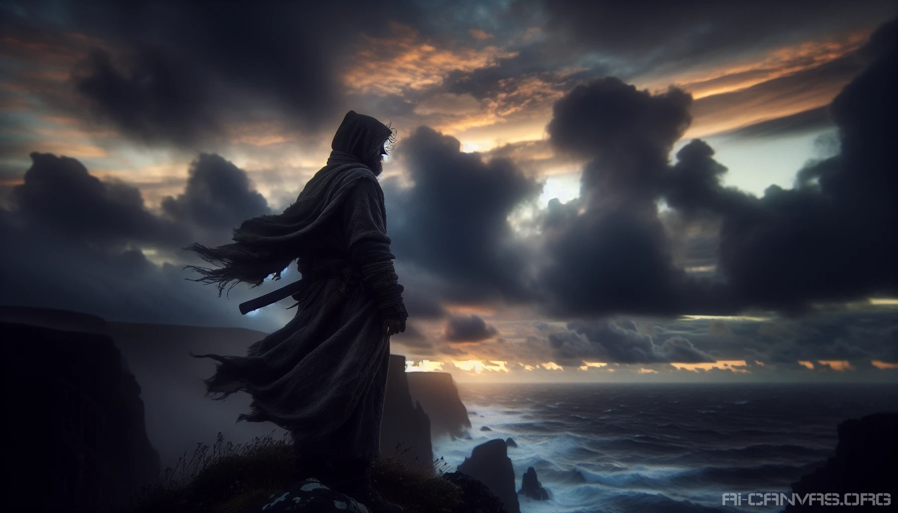 A solitary figure stands atop a windswept cliff at dusk, draped in a weathered cloak that tells tales of lost adventures. The traveler gazes into the horizon, where stormy clouds loom and the last rays of sunlight dance on turbulent waves below. Echoes of a mysterious past swirl around, as whispers of forgotten secrets and untold stories linger in the air, waiting to be discovered.