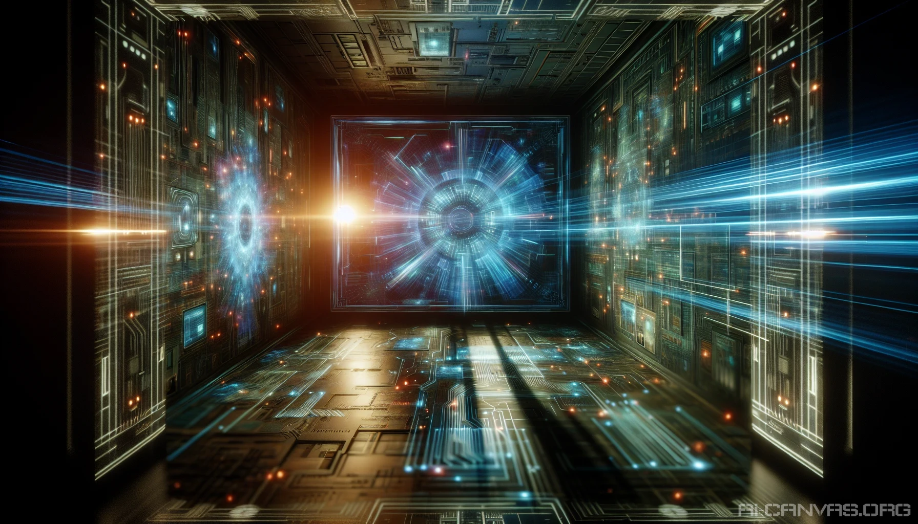 Step into a high-tech hacker den, bathed in the glow of vibrant holographic screens that flicker with streams of code. The walls pulse with intricate circuits, casting an ethereal light that dances across the room, enhancing the moody, cinematic atmosphere. Shadows play against futuristic gadgets, while the soft hum of technology fills the air, immersing you in a world where digital dreams and reality collide.