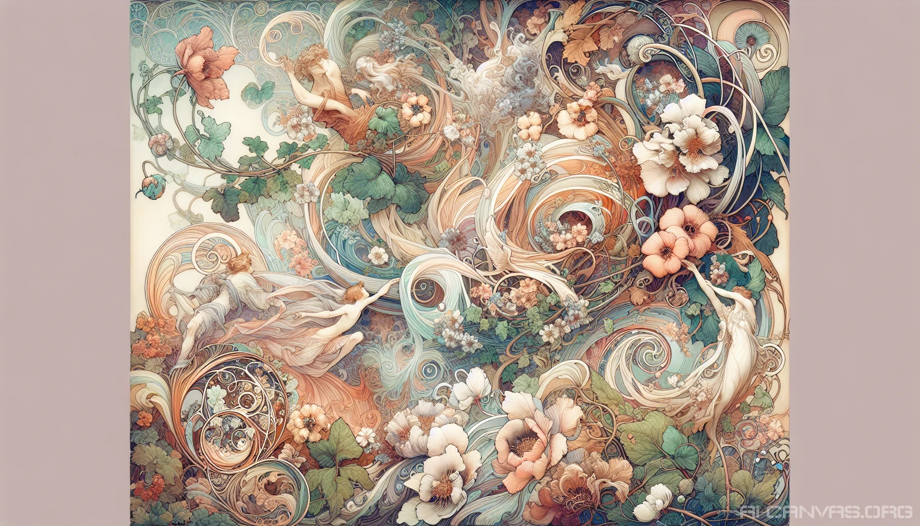 A mesmerizing scene unfolds as delicate, swirling vines and blossoms of the Art Nouveau style intertwine, creating a harmonious dance of form and color. Soft pastels blend effortlessly with rich earth tones, while intricate details of floral motifs draw the eye. Ethereal figures adorned in flowing garments emerge from the foliage, embodying the essence of nature's beauty, evoking a dreamlike atmosphere of tranquility and grace.
