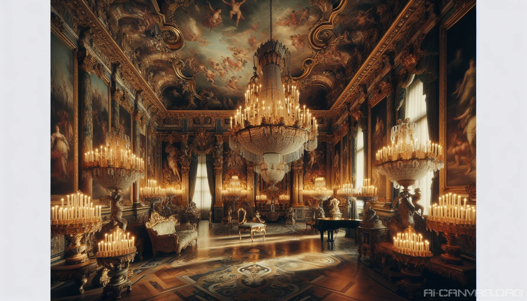 Immerse yourself in a lush Baroque scene, where opulence reigns supreme. Golden chandeliers dangle from intricately frescoed ceilings, illuminating rich tapestries that drape from ornate walls. Elaborate sculptures and lavish furniture create a striking tableau, while soft candlelight flickers, casting enchanting shadows. A grand piano stands in the corner, inviting a touch of classical music to echo through this extravagant setting, evoking a sense of timeless beauty.