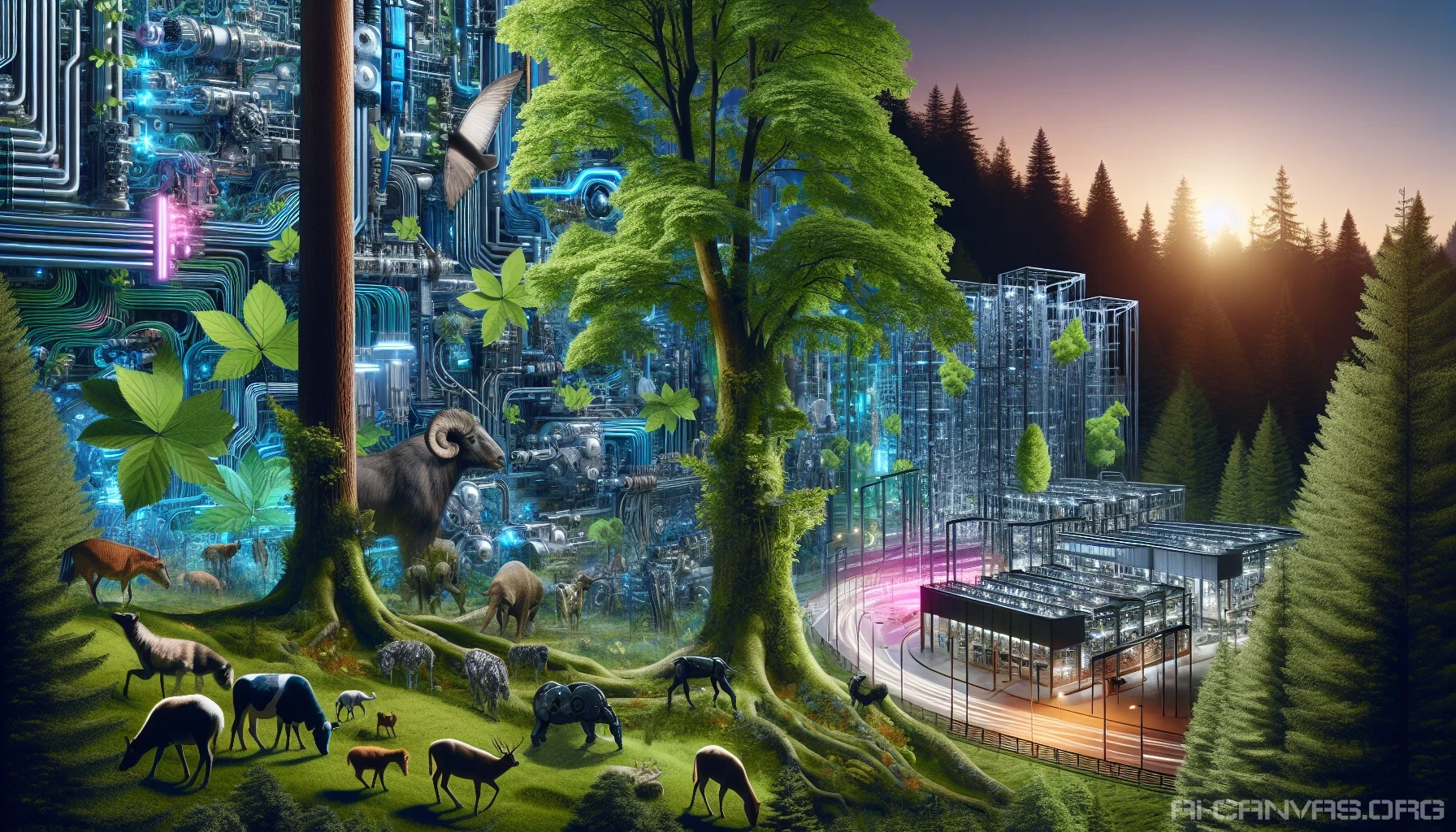 Imagine a breathtaking landscape where towering trees entwine with glowing circuits and metallic structures. Lush green foliage sprouts through sleek, futuristic buildings, while wildlife interacts with robotic companions. Neon lights shimmer in the twilight, casting an ethereal glow over the forest floor. In this vibrant scene, technology and nature coexist, showcasing both conflict and collaboration in a stunning visual tapestry that sparks imagination and thought.