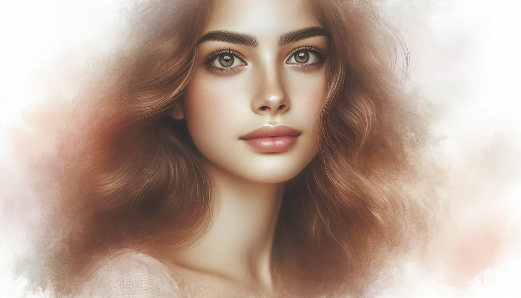 Capture the essence of a thoughtful dreamer, a young woman with deep, expressive eyes and wavy chestnut hair cascading softly around her shoulders. The background is a dreamy blur of soft pastels, suggesting the ethereal nature of her thoughts. Delicate light dances across her face, illuminating her serene expression, while subtle details like a faint smile and a hint of freckles add warmth and personality to this captivating portrait.