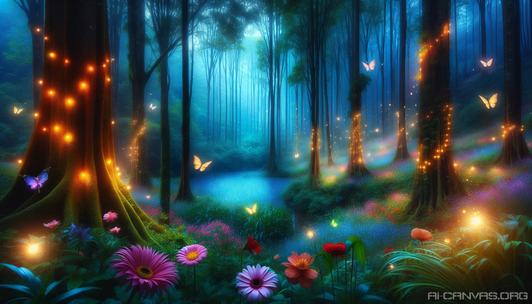 Capture a lush, enchanted forest bathed in the soft glow of twilight, where towering trees are adorned with vibrant wildflowers and delicate, ethereal creatures flit about. The air is heavy with the scent of damp earth and blooming petals, while a gentle breeze stirs the leaves, creating a symphony of rustling sounds. In the distance, a serene river sparkles, reflecting the deep blues and purples of the evening sky.