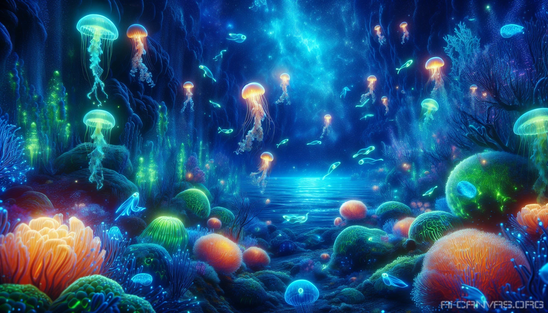 Dive into a mesmerizing alien ocean, illuminated by the ethereal glow of bioluminescent creatures dancing through vibrant coral reefs. Explore a surreal underwater landscape filled with fantastical flora, where luminous jellyfish float gracefully and radiant fish dart playfully among psychedelic seaweed. The water shimmers in shades of deep blue and neon green, creating a dreamlike atmosphere that invites you to explore the enchanting mysteries of this otherworldly realm.