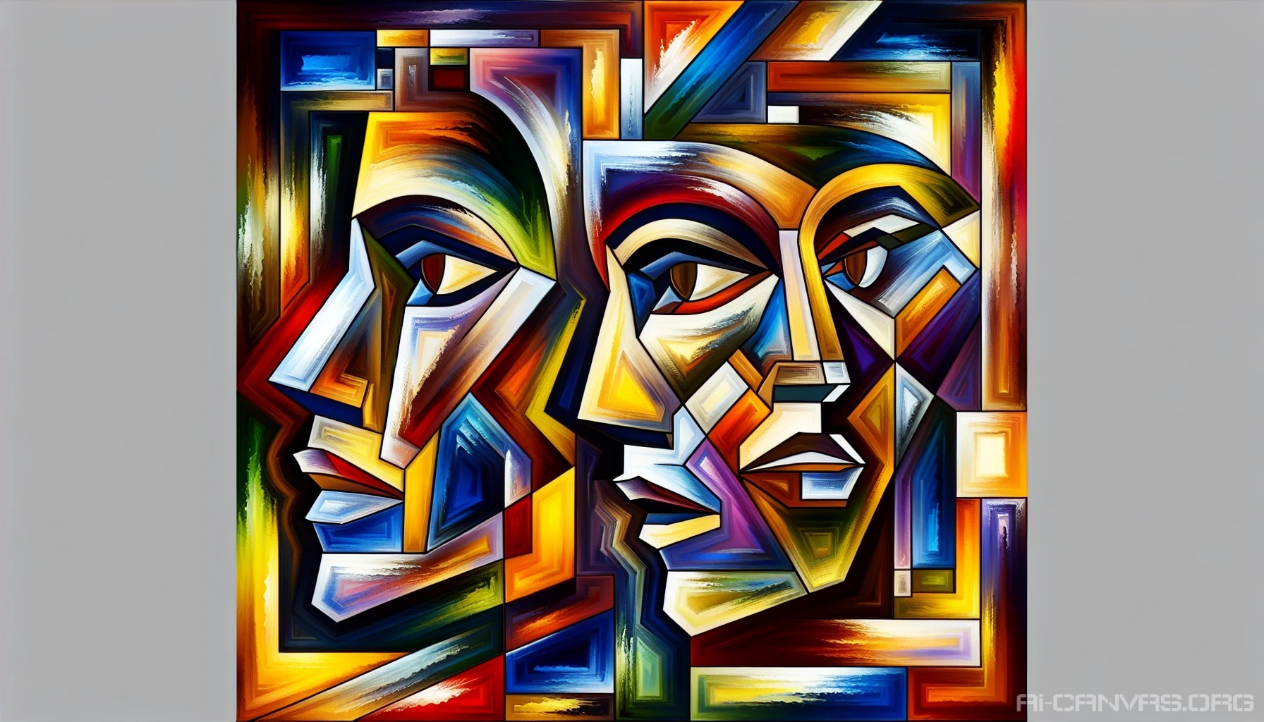 Imagine a vibrant canvas filled with fragmented faces, each constructed from geometric shapes and bold colors. The composition intertwines various perspectives, creating a dynamic interplay of light and shadow. Expressive features emerge from angular forms, inviting the viewer to explore the emotional depths hidden within the chaos. This artwork captures the essence of Cubism, blending reality and abstraction into a harmonious visual experience.