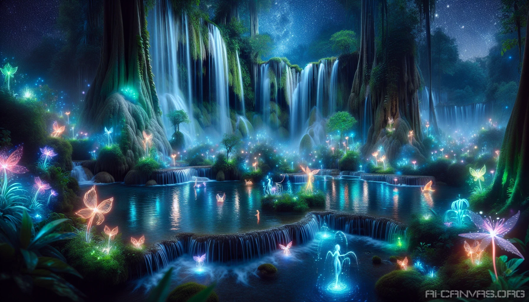 Dive into a fantastical realm where cascading waterfalls shimmer under a starlit sky. Lush, vibrant flora surrounds the pools of crystal-clear water, reflecting the ethereal glow of bioluminescent plants. Mystical creatures, like gentle fairies and shimmering nymphs, flit among the sprays of water, adding a touch of magic. The air is filled with a soothing mist, creating an atmosphere of serenity and wonder in this enchanted paradise.