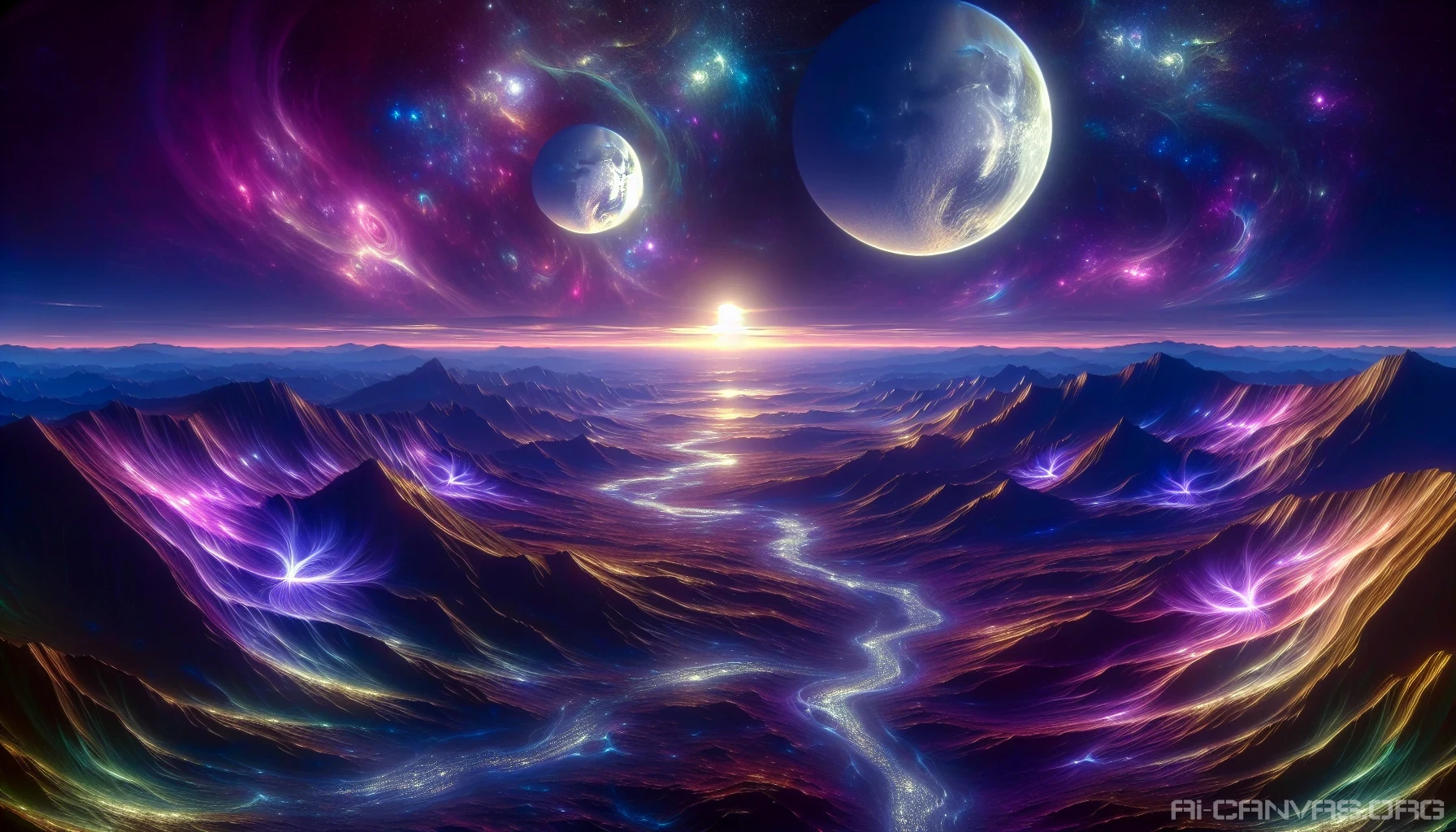 Envision a surreal landscape on a distant planet, where three luminous moons cast ethereal glows across jagged mountains. The skies swirl with deep purples and vibrant indigos, peppered with shimmering stars that seem to pulse with life. Silvery rivers meander through the hills, reflecting the celestial choreography above. Strange flora, with iridescent leaves and phosphorescent blooms, thrives under this enchanting twilight, creating an otherworldly atmosphere.