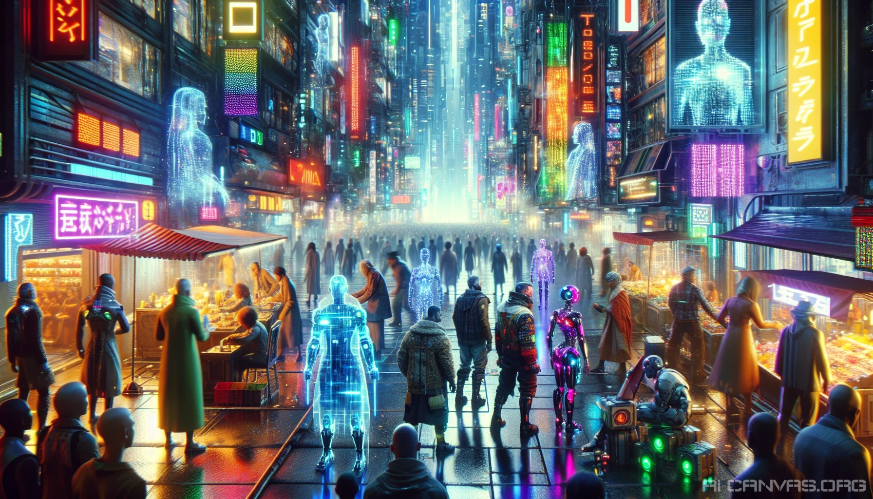 In a vibrant cyberpunk city, a bustling street scene unfolds, packed with an eclectic crowd dressed in futuristic attire. Robotic street vendors hawk their wares, showcasing shimmering holograms, while neon lights reflect off sleek metallic surfaces and towering glass buildings. The air buzzes with energy as colorful advertisements flicker above, creating a captivating contrast between the gritty street life and advanced technology in a dazzling, illuminated landscape.