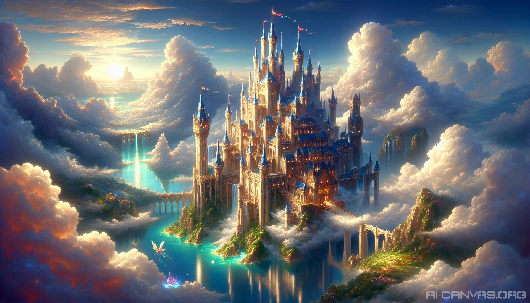 Imagine a magnificent castle soaring high amidst fluffy white clouds, bathed in golden sunlight. Its towering spires glisten like jewels, adorned with intricate carvings and vibrant banners fluttering in the soft breeze. Below, a serene landscape stretches out, with lush green valleys and sparkling rivers reflecting the sky's azure hue. Ethereal creatures flit about, adding a sense of magic to this breathtaking aerial realm.
