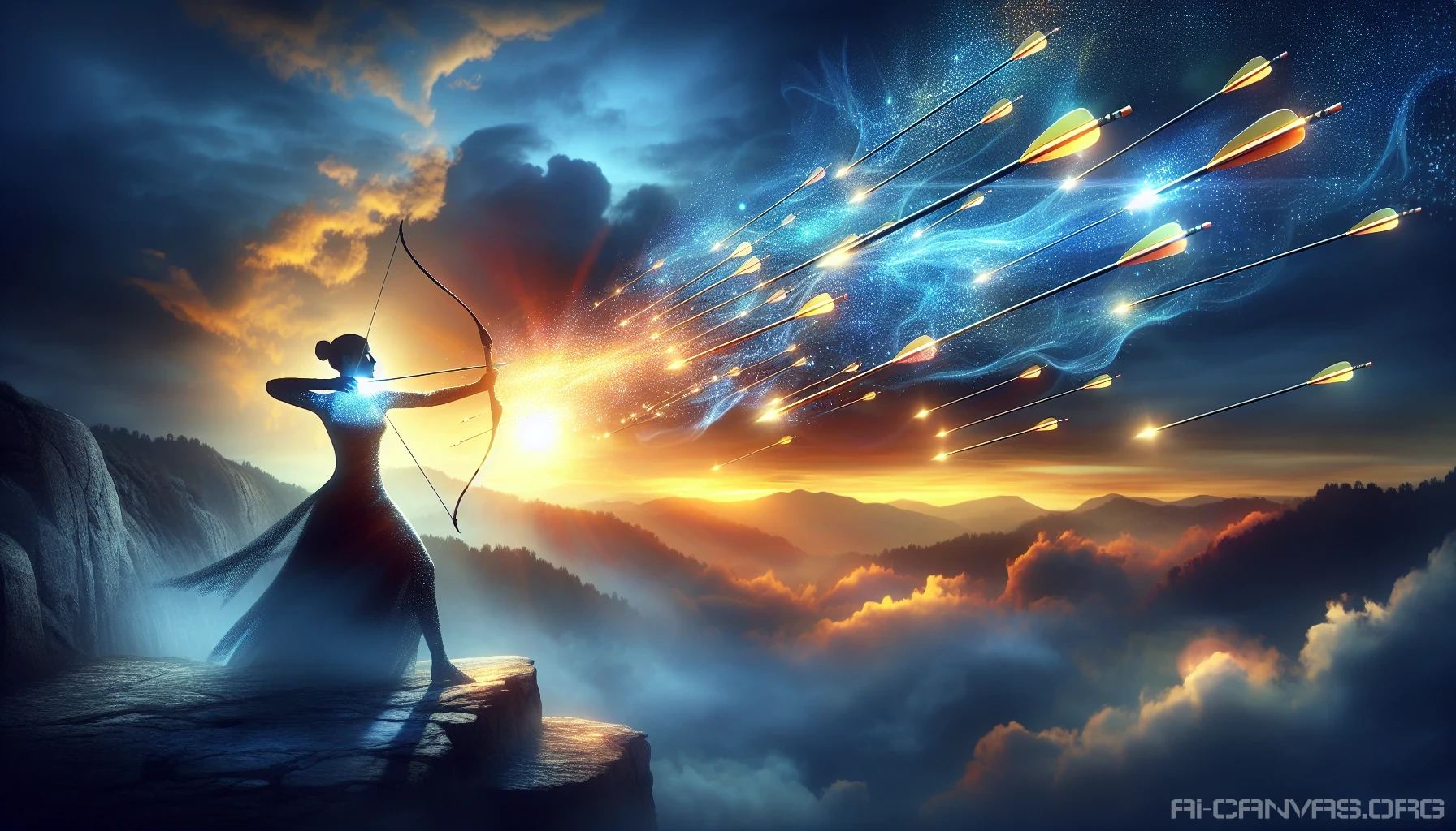 Picture a dynamic scene where a skilled archer stands poised on a cliff, surrounded by a vibrant sunset. Each of the arrows drawn from their quiver radiates an ethereal glow, illuminating the surroundings with hues of blue and gold. In mid-flight, these arrows leave a trail of shimmering light, creating a stunning contrast against the darkening sky, embodying both grace and power in every shot.